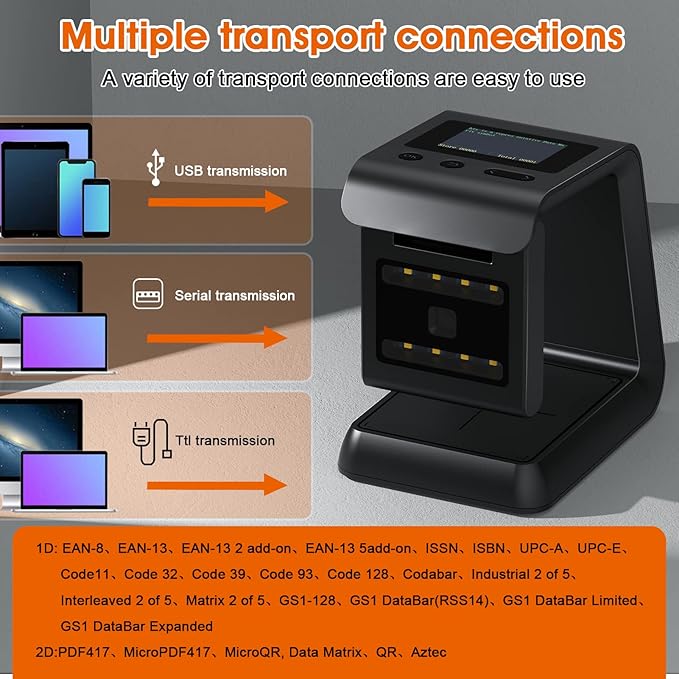 Alacrity 2D QR Wireless Barcode Scanner Hands-Free Omnidirectional Desktop Bar Code Scanner with Screen Display Compatible with Bluetooth & 2.4GHz Wireless for Airport Supermarket