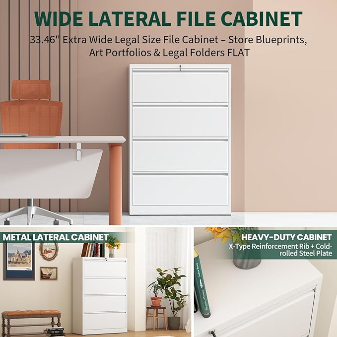 Lateral File Cabinet 4 Drawer, Metal File Cabinets for Home Office Legal/Letter A4 Size, File Cabinet with 4 Lock, Require Assembly, White