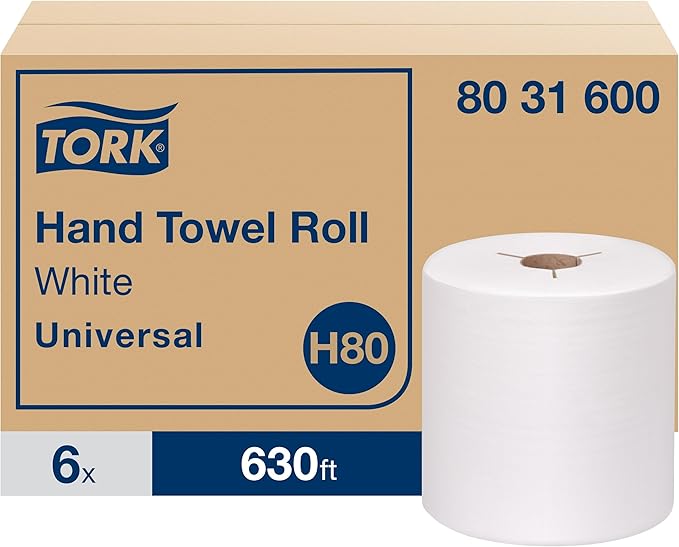 Tork Hand Towel Roll White H80, Universal, 100% Recycled Fiber, 6 Rolls x 630 ft, 8031600