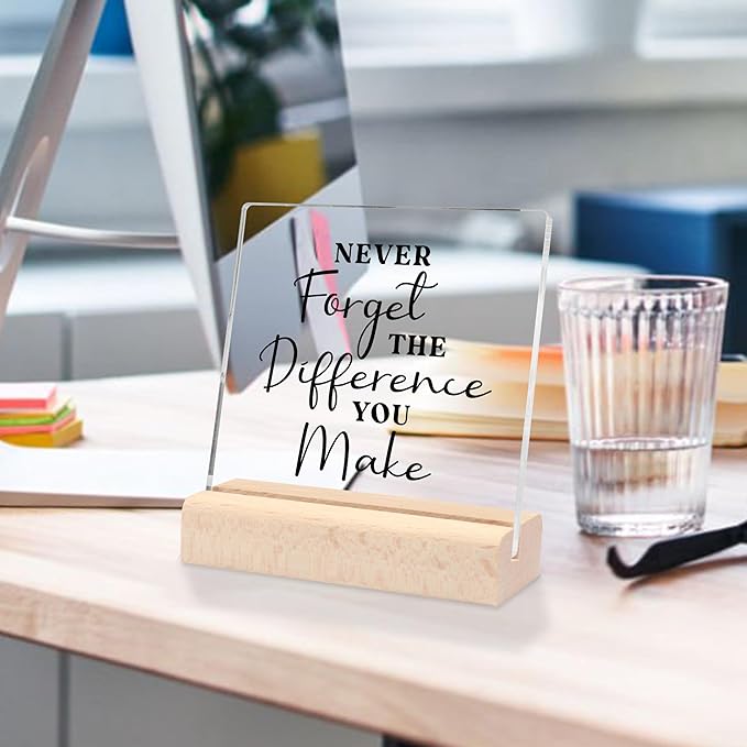 Thank You Gifts Never Forget The Difference You Make Clear Desk Decorative Sign with Wooden Stand Inspirational Gifts Appreciation Farewell Retirement Gifts for Women Coworker Boss Friends
