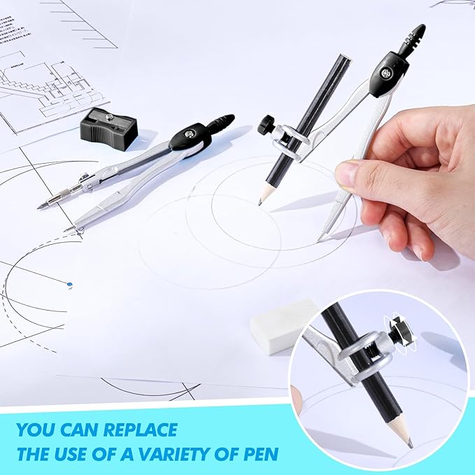 Zonon Math Geometry Set 10 Pcs Student Supplies with Shatterproof Storage Box, Includes Rulers Protractor Compass Pencil Sharpener Lead Refills Eraser Pencil for Drafting and Drawings (Black)