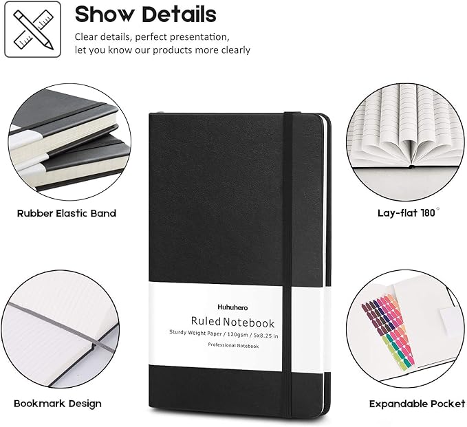 Huhuhero Lined Journal Notebook, 5 Pack Black Hardcover Notebooks for Work Women Men, 120Gsm Thick Paper Leather Journals for Writing Note Taking Business, Journaling School Supplies 5"×8.25"