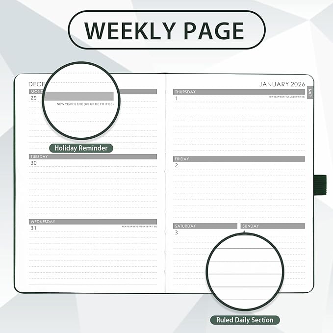 2026 Planner - Planner 2026, 2026 Weekly Monthly Planner, Jan.2026 - Dec.2026, 5.7'' x 8.4'', Thick Paper, Leather Cover, Pen Holder, Back Pocket, Bookmarks, Perfect Daily Organizer - Dark Green