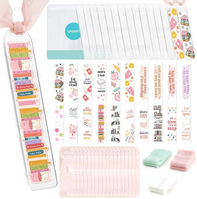 15 Pieces Acrylic Bookmark Blanks (3mm) Thicken Bookmark Making Kit with 20 Pcs Book Lover UV DTF Sticker, 15 Pcs Ribbon, Suitable for DIY Your Crafts Gifts