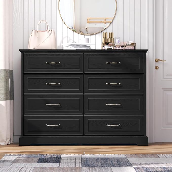 8 Drawer Dresser for Bedroom, 47" Wide Wooden Chest of Drawers, Rustic Farmhouse Dresser with Large Drawers & Metal Handles, Modern Storage Organizer for Closet, Living Room, Hallway, Black