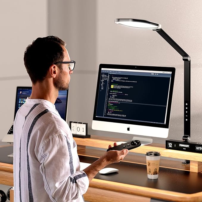 Led Desk Lamps for Home Office, Eye-Care Architect Light with Clamp, Dimmable Zoom Lighting with 3 Color Modes & 10 Brightness, Smart Computer Ring Light for Video Calls, Conference, Reading