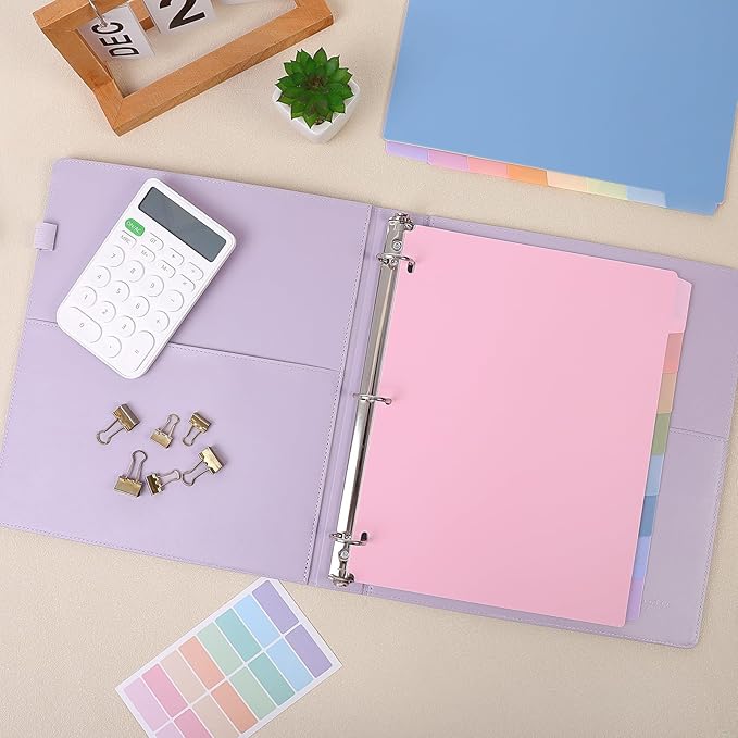 SKYDUE Durable Plastic 8-Tab Dividers, Big Tab Dividers for 3 Ring Binder, Write & Erase 3 Ring Binder Dividers with Tabs, with Sticker Labels, 1 Set, Pastel Color