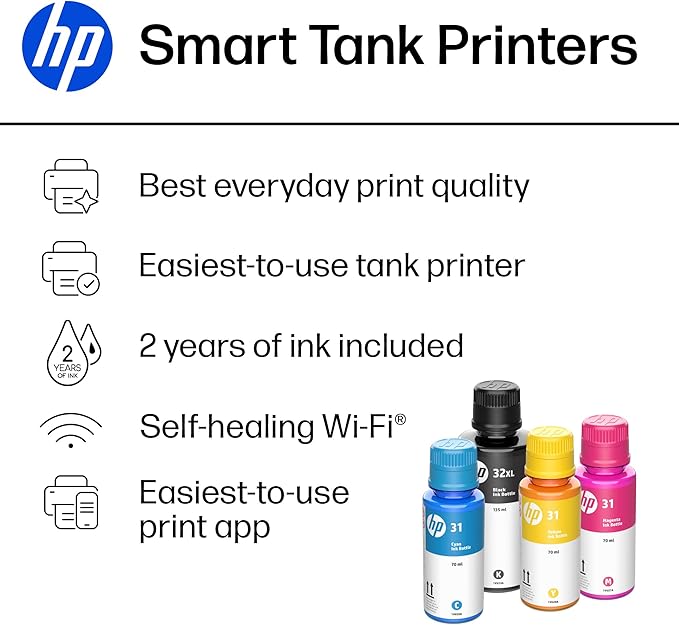HP Smart Tank 6001 Wireless All-in-One Ink Tank Printer, Scanner, Copier with 2 years of ink included, Best-for-home, Cartridge-free Refillable, AI-enabled (2H0B9A)