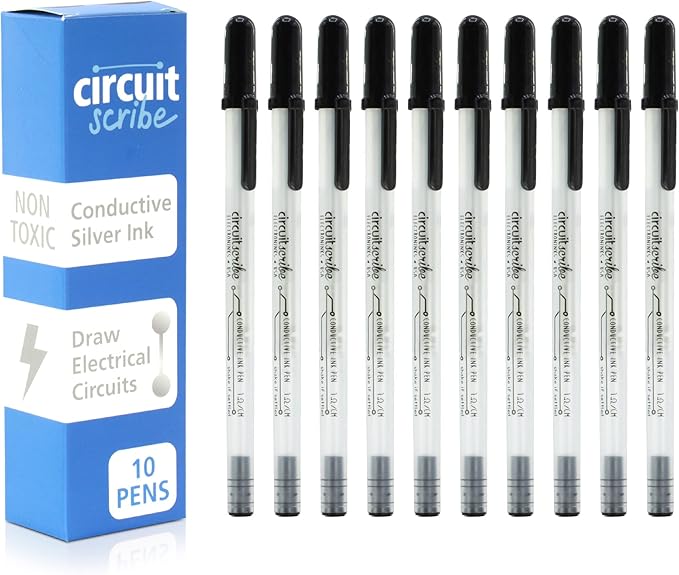 Circuit Scribe Non-Toxic Conductive Ink Pen for Kids Circuit Building Set (10-Pack) | Silver Ink Rollerball Point Pen Kit, Science Experiments, DIY Science Projects (New & Improved Formula)
