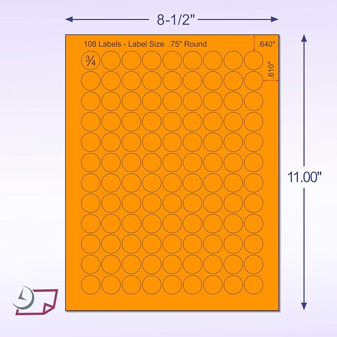 8-1/2 x 11" Fluorescent Labels for Laser & Inkjet Printer (Orange Fluorescent, 3/4" Round - 108 Per Page | 2700 Labels)