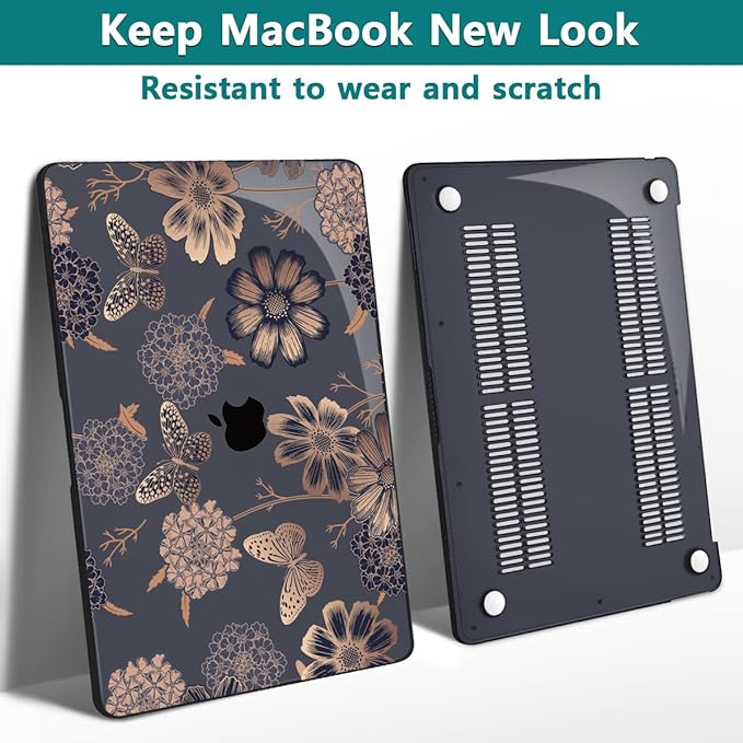 Teryeefi for M1 M2 MacBook Pro 13 inch Case 2022 2020-2016 Release (Model A2338 A2289 A2251 with Touch Bar), Plastic Hard Shell Case & Keyboard Cover & Screen Protector, Gold Flowers