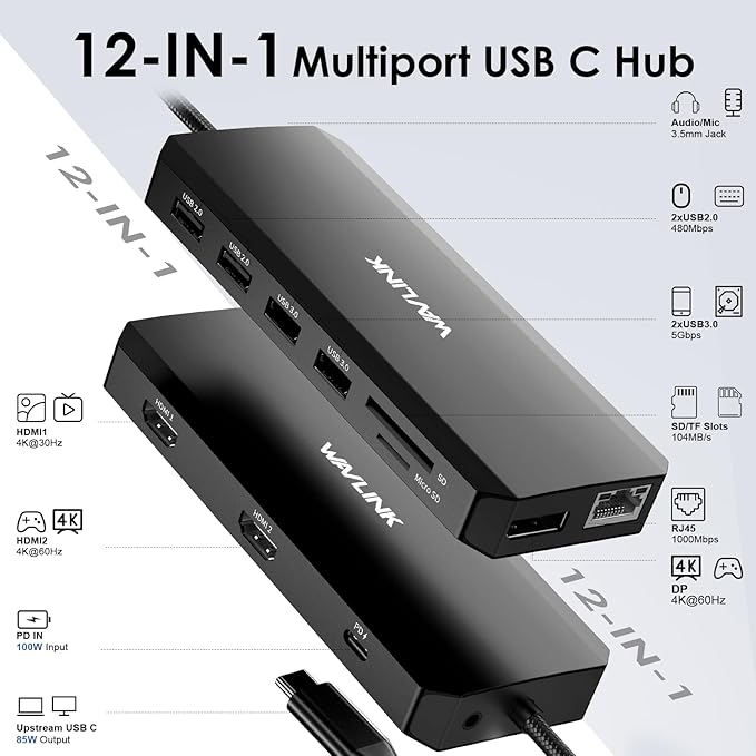WAVLINK USB C Docking Station Dual Monitor, USB Hub Laptop Triple Display, USB C to 2 HDMI,DisplayPort, PD Charging, Ethernet, 5 USB, SD/TF Read, Audio for MacBook Dell HP Lenovo Surface, Black