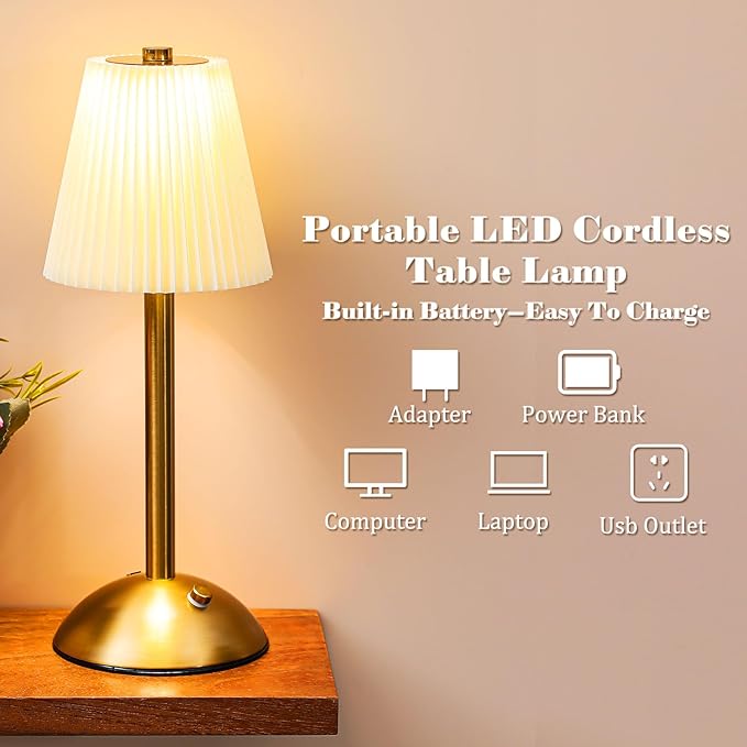 Liliful 2 Pcs LED Portable Cordless Table Lamp Touch Battery Operated Rechargeable Gold Desk Lamp 3 Color Dimmable for Bedroom Living Room Dining (Gold,Beige Cloth Style)