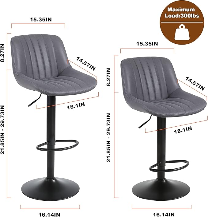 Bar Stools Set of 3, Swivel Counter Height Barstools with Back, Adjustable PU Leather Bar Chairs, Modern Armless Kitchen Island Stool, Dark Grey