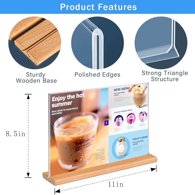 Kersally Acrylic Sign Holder 11 x 8.5'', 4 Pack Double-Sided Clear Table Display Stands with Wood Base,Horizontal Acrylic Frame Menu Flyer Paper Holder for Store, Restaurant, Hotel, Office, Show Fair