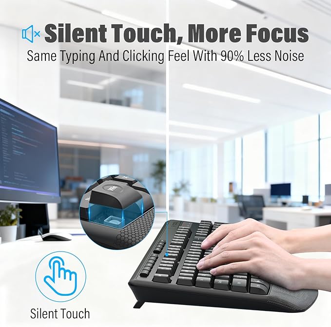 E-YOOSO Wireless Keyboard and Mouse Combo,Silent Soft Touch Quiet Keyboard Less Noise 90%,Ergonomic with Wrist Rest,2.4GHz 104 Keys Full Size,2400 DPI Mouse,for PC Computer/Laptop/Mac/Tablet,Black