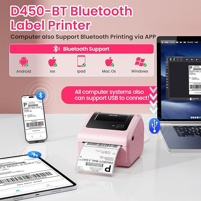 Bluetooth Thermal Label Printer 4x6 - D450BT Shipping Label Printer for Small Business, Shipping Packages, Office, Home, Compatible with Ebay, USPS, Shopify, Amazon