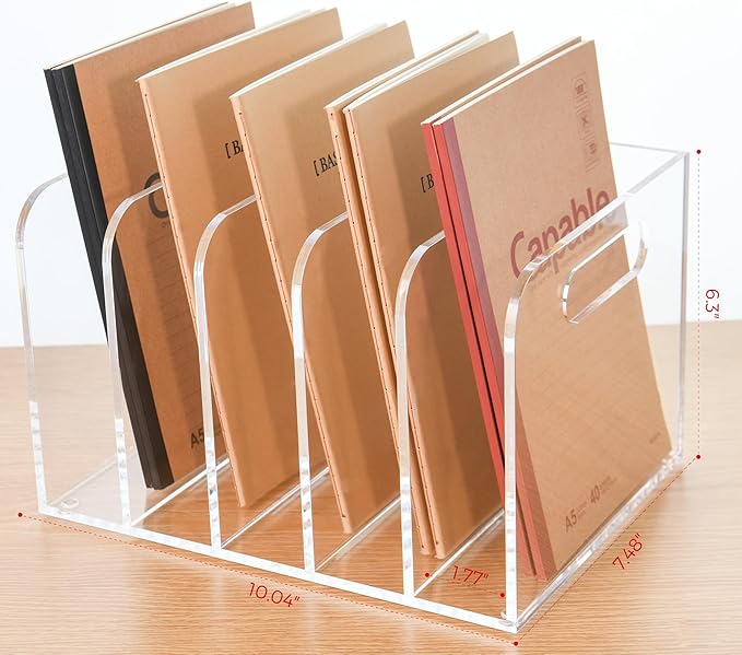5 Vertical Compartments Clear Acrylic Desk Document Organizer & Storage Bins for Magazines, Binders, Notebooks, and Envelopes - Multipurpose Home Office Organizer - Innovative handle design