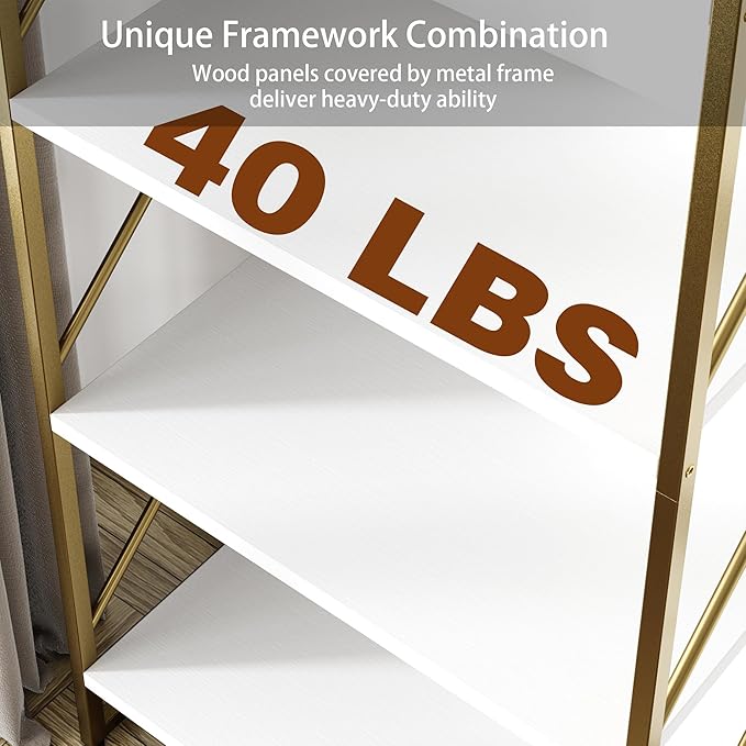 Shintenchi 2 Pieces 5 Tiers Bookshelf, Classically Tall Bookcase Shelf, Industrial Book Rack, Modern Book Holder in Bedroom/Living Room/Home/Office, Storage Rack Shelves for Books/Movies-Gold