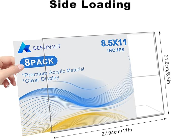 8 Pack Acrylic Sign Holder 8.5x11 Inches,Slanted Back Clear Plastic Paper Display Holder,Picture Photo Document Flyer Frames Display Stand for Office Desktop,Store,Restaurant-Horizontal