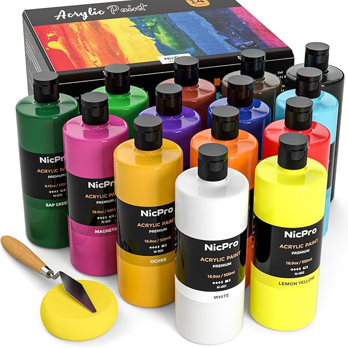 Nicpro 14 Colors Large Bulk Acrylic Paint Set (16.9 oz,500 ml) Rich Art Painting Supplies, Non Toxic for Multi Surface Rock Canvas Wood Ceramic Leather Fabric Craft, for Kids Adult with Color Wheel