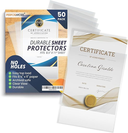 Performore 50 Clear No Hole Sheet Protectors, 8.5" x 11", Plastic Sheet Sleeves, Top Loading Paper Protector, Archival Safe for Documents and Photos