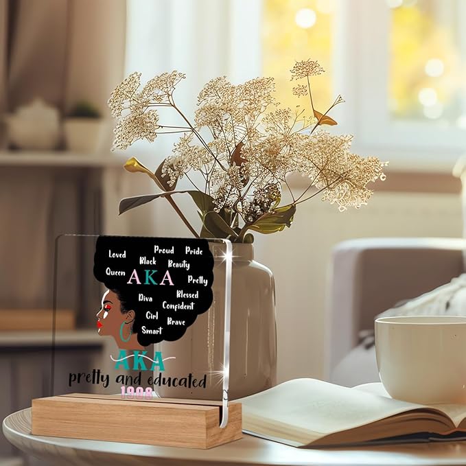 Aka Sorority Gifts for Women, Aka Paraphernalia Acrylic Plaque Gift, Alpha Kappa Alpha Sorority Gifts, Pretty and Educated AKA Desk Signs Decor 4 × 4 Inches