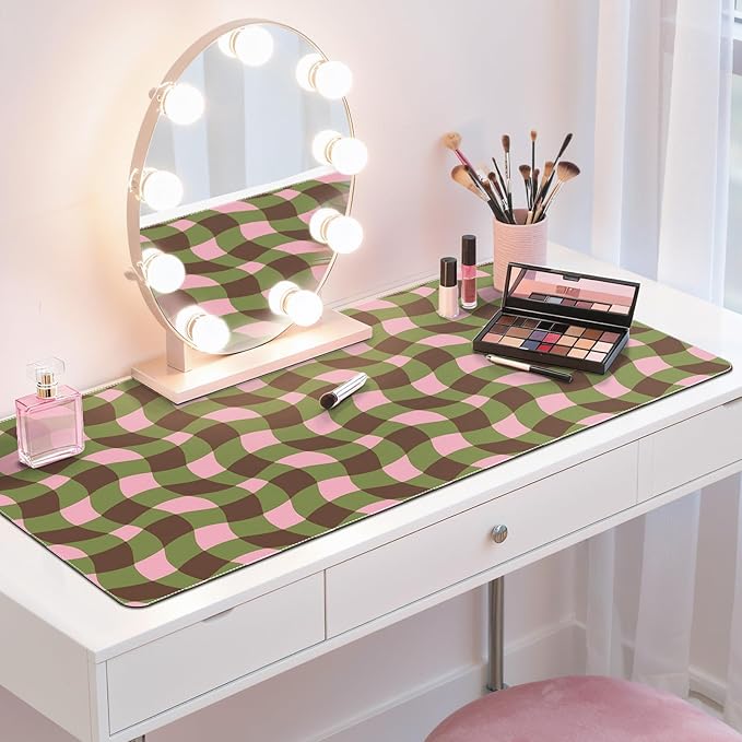 HAOCOO Checkered Desk Mat, Cute Leather Mouse Pad, 35.4" x 15.7" Keyboard Pad Office Accessories, Non-Slip Desktop Mat, Laptop Pad with Stitched Edge Desk Cover Mat(Green)