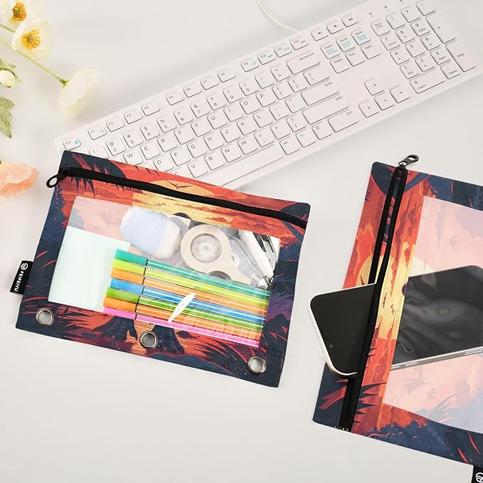 Dinosaur Pencil Pouch for 3 Ring Binder, 2 Pack Waterproof Pencil Bags Clear Window Zipper School Office Supplies