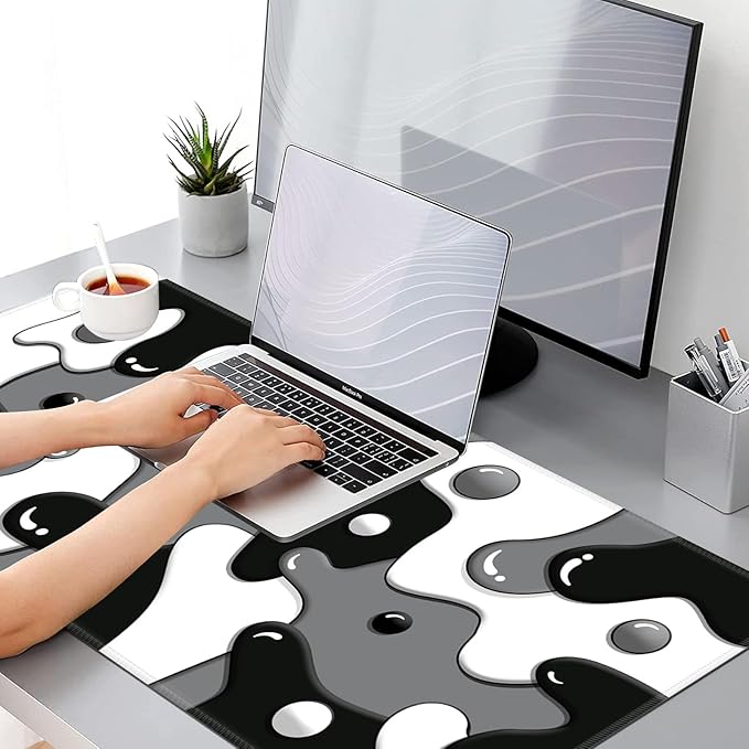 Gaming Mouse Pad, Grey Black White Big Desk Pad for Keyboard and Mouse, Extended 35.5" X 15.75" in Computer Keyboard Mouse Mat 3mm Thick XXL Rubber Mousepad for Laptop Gamer, Cool Geometric