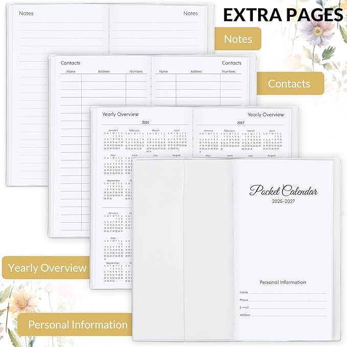 Pocket Calendar 2026-2027, Floral 2026-2027 Monthly Planner - 3.7" x 6.7" - Runs from July 2025 Until December 2027, 2026 Pocket Calendar with PVC Cover for Student, Women, Office Supplies
