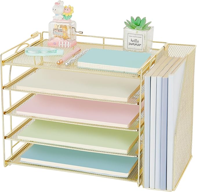 AUPSEN Gold Desk Accessories Organizer,5-Tier Letter Tray Paper Organizer with Adjustable File Holder, Desktop Office Desk Accessories for Office Supplies