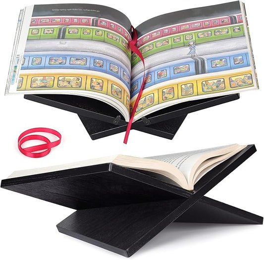 Solid Wood Book Stand for Reading and Display, Foldable Book Holder for Cookbooks, Art Books, Bibles, Magazines – Open Book Stand for Kitchen, The Front Stopper Helps Prevent Books from Sliding.