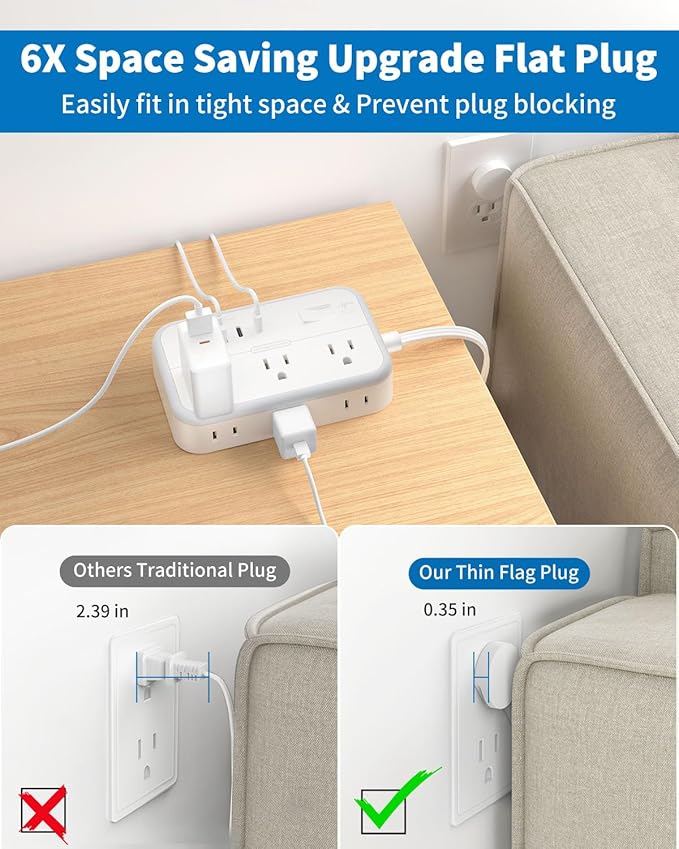 Surge Protector Power Strip with 6 Outlets 4 USB Ports(2USB C), Flat Extension Cord with Multiple Outlets, 1080 Joules, 5 ft Flat Plug Outlet Extender for Indoor, Office Supplies, Dorm Room Essentials