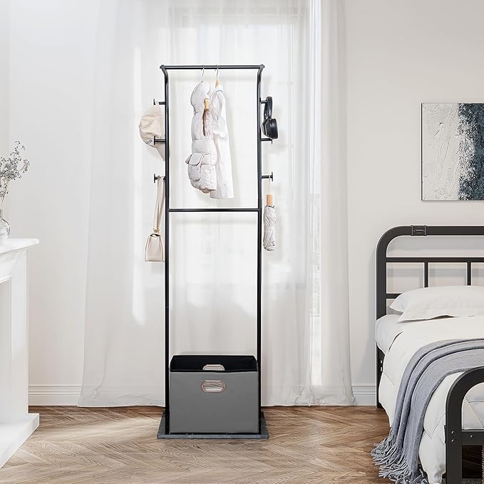 Heavy Duty Coat Rack with Storage Basket Metal Hanging Clothes Rack with Marble Base Modern Standing Clothing Rack for Entryway Bedroom Living Room Hotel 19.69 x 13.39 x 67.72 Inches (Black)