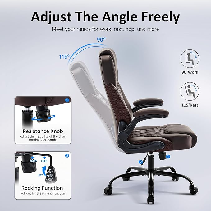 Office Chair, Executive Leather Chair Home Office Desk Chairs, Ergonomic Computer Desk Chair with Adjustable Flip-Up Arms, Lumbar Support Swivel Task Chair with Rocking Function (Brown)