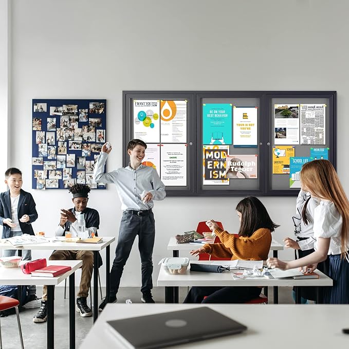 Enclosed Bulletin Board Outdoor Noticeboard with Locking Door, Weather-Resistant, Grey Felt, Black Aluminum Frame, 70 x 36 in