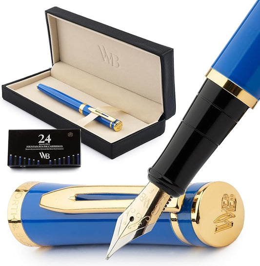 Wordsworth & Black Fountain Pen Set, 18K Gilded Fine Nib, Includes 24 Pack Ink Cartridges, Ink Refill Converter & Gift Box, Gold Finish, Calligraphy, [Imperial Blue], Perfect for Men & Women