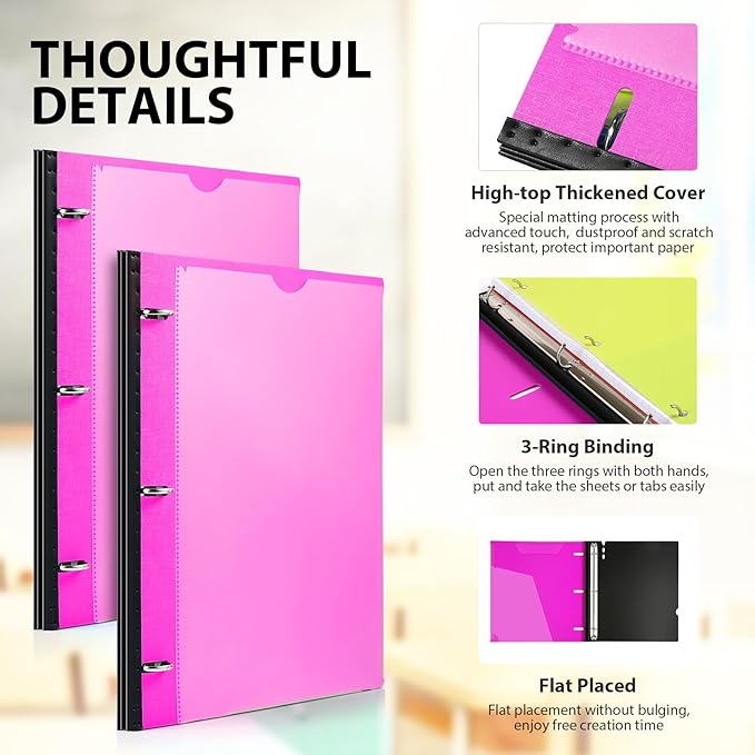 Telescoping 3 Ring Binder-12PCS, Flexible Binder with Customized Front Cover+Clear Catalog Pocket+3 Round Rings, Flat Writing Binder, 4 Bright Colors