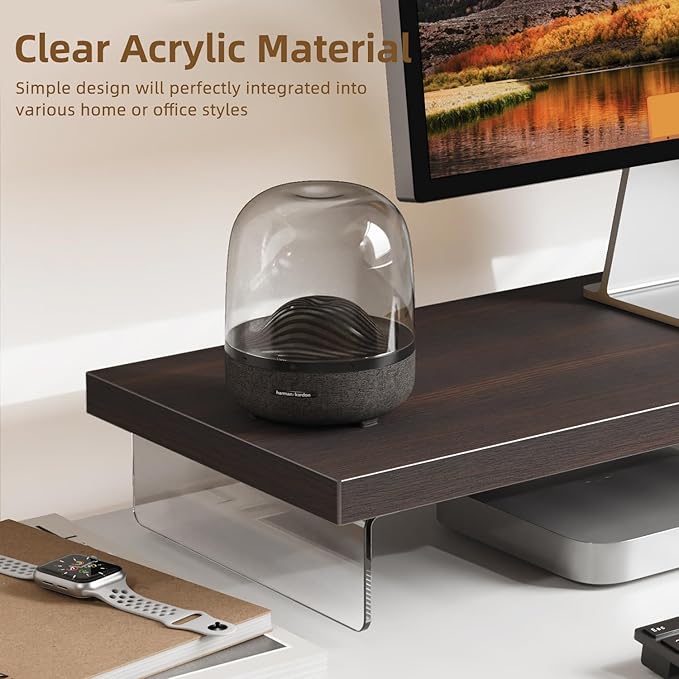 Monitor Stand Riser, Wood & Acrylic Computer Monitor Stand Desk Desktop Organizer Table for Home, Office Workspace, Laptop Riser, Printer, PC & TV Screen Riser
