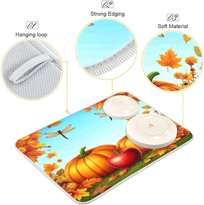 Autumn Thanksgiving Day Pumpkins Maple Dish Drying Mat for Kitchen Counter 16 x 18 Inch Flowers Dragonfly Leaves Dry Dishes Pads Mats Absorbent Countertops Counter Tableware Mat Protector Home Decor