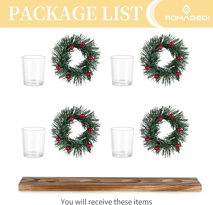 Christmas Candle Holder for Table Centrepiece Decoration: Romadedi Rustic 4 Tealight Holders with Mini Christmas Wreaths Wooden Tray for Xmas Winter Dinner Table Home Decor Gift 16.5 Inches