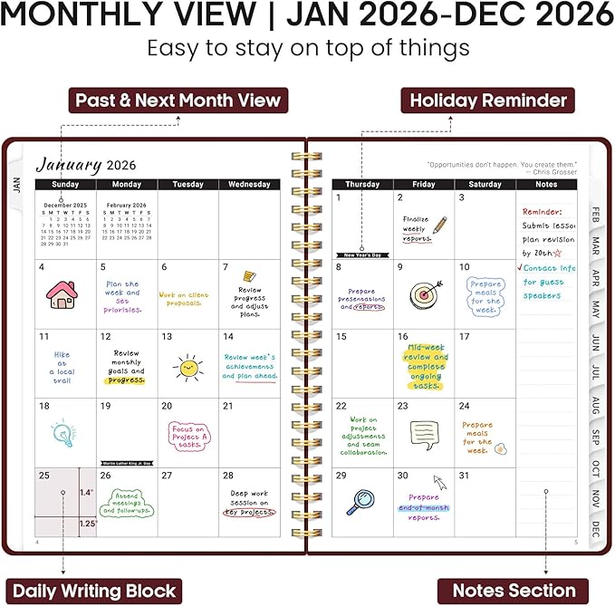 2026 Planner, Weekly and Monthly Calendar Planner Book, January 2026 - December 2026, Hardcover Spiral Planner with Monthly Tabs, Notes Pages, Perfect for Women & Men, A5 (6.4" x 8.5") - Burgundy