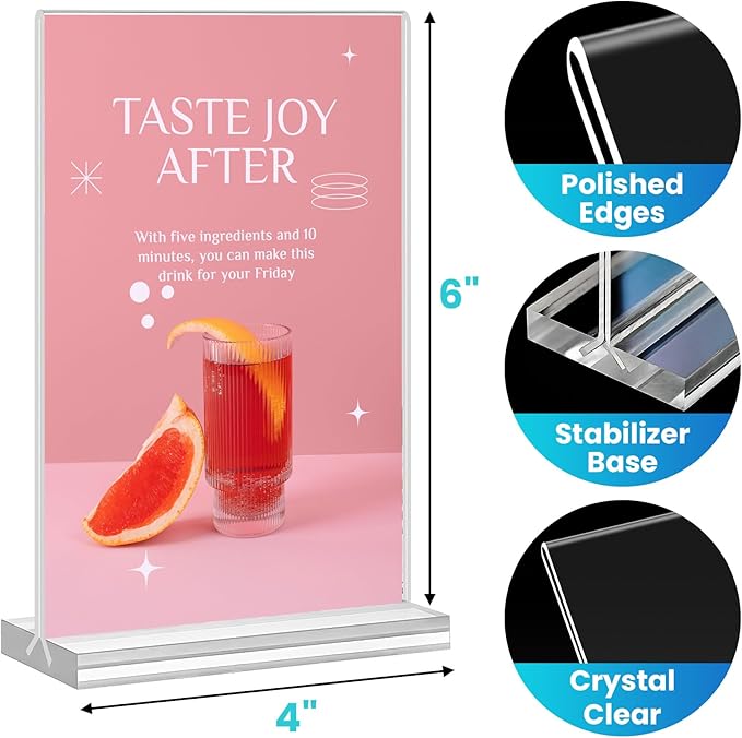 Acrylic Sign Holder 4x6, 15 Pack Clear Double Sided Menu Vertical Display Stand, Desktop Paper Holder Suitable for Restaurants, Office, Store, Show Fair
