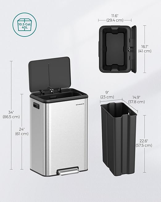 SONGMICS Kitchen Trash Can, 10.5-Gallon (40L) Garbage Can with Lid and Wide Foot Pedal, Soft Close and Stays Open, Silver ULTB541E40