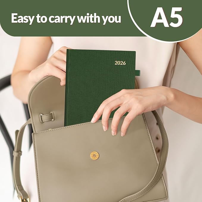 SUNEE 2026 Weekly & Monthly Hardcover Planner 5.5" x 8.3" - 12 Month (January 2026 - December 2026), Small Hardcover Planner, Pocket, Notes, 100 GSM Paper, Deep Green