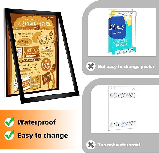 6 Pack Acrylic Sign Holder 8.5x11 Wall Mount,Clear Wall Sign Holder with Tape,Horizontal & Vertical Display,Plastic Sign Holder for Wall Door Glass Window Fridge-No Drilling