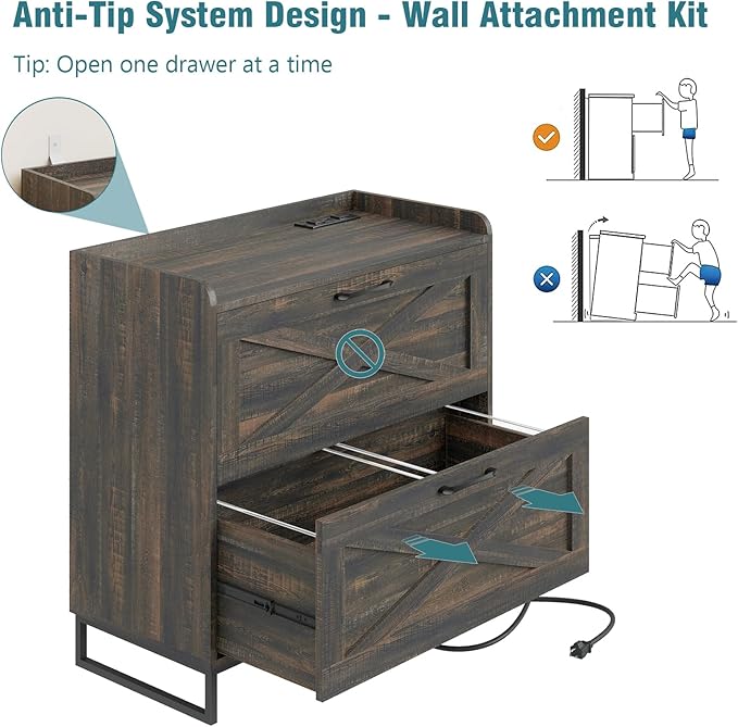 Lateral File Cabinet 2 Drawer File Cabinet with Charging Station for Legal/Letter/A4 Size Hanging Files, Modern Farmhouse Large Wood File Storage Cabinet for Home Office Furniture(Dark Rustic Oak)