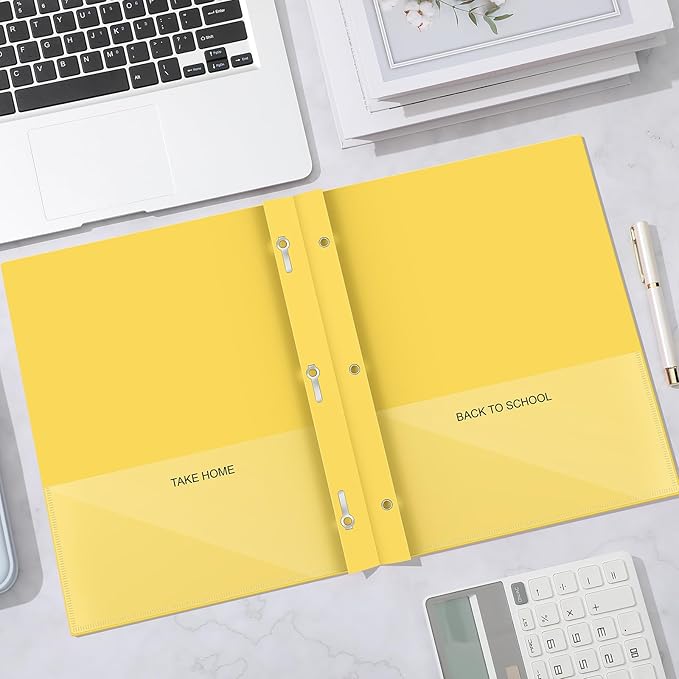 Henoyso 24 Pcs Plastic Folders with Clear Front Pocket and 3 Prong Take Home Plastic 2 Pocket Folder Back to School for Students Parent Teacher Communication for School Office (Yellow)