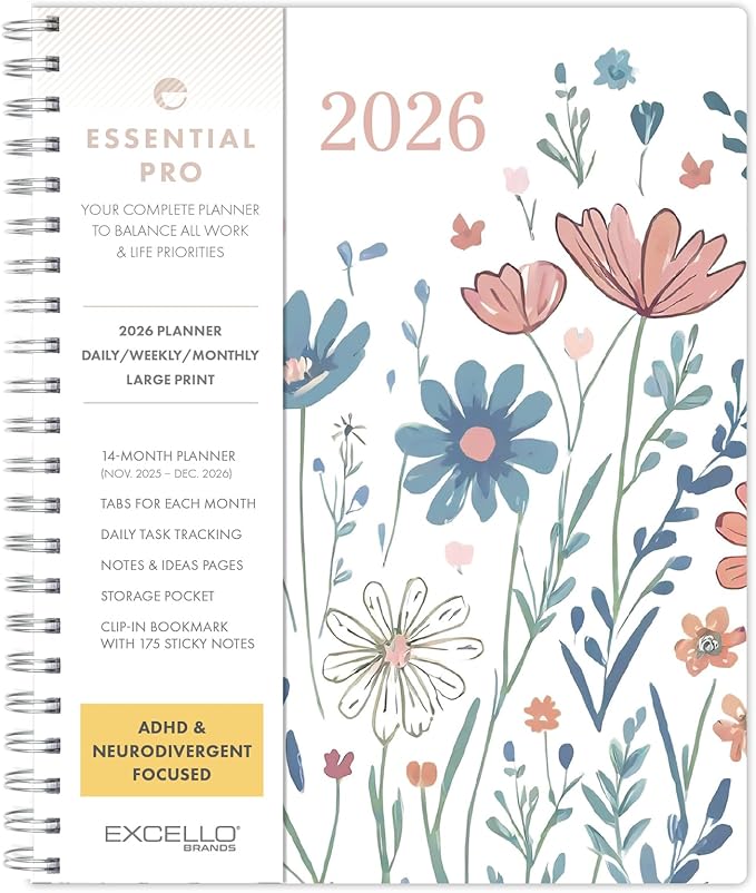 Essential PRO 2026 Daily, Weekly & Monthly Planner, 8.5"x11": 14 Months (Nov 2025 - Dec 2026) Monthly Tabs,Daily Tracking,Notes Pages,Storage Pocket,Bookmark w Sticky Notes (Colorful Botanicals)